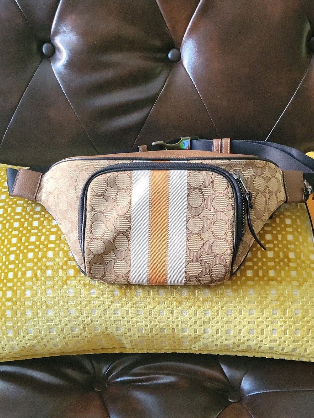 Designer-Style Tan and Brown Stripe Woman's Belt Bag